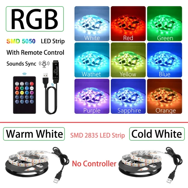 Bande lumineuse LED 2835 5050, Bluetooth, USB, Flexible, 3 touches, capteur sonore, ruban RGB, 1M 2M 3M 4M, décoration TV, rétro-éclairage, DC5V - Image 2