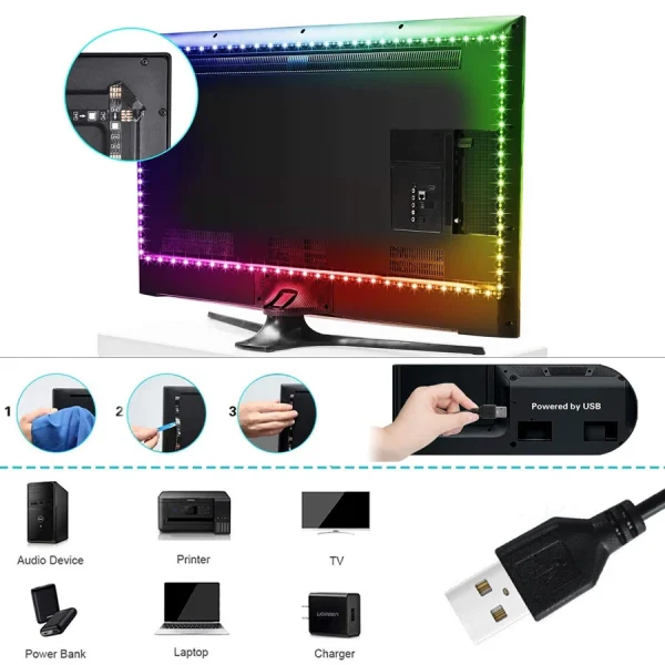 Bande lumineuse LED 2835 5050, Bluetooth, USB, Flexible, 3 touches, capteur sonore, ruban RGB, 1M 2M 3M 4M, décoration TV, rétro-éclairage, DC5V - Image 3