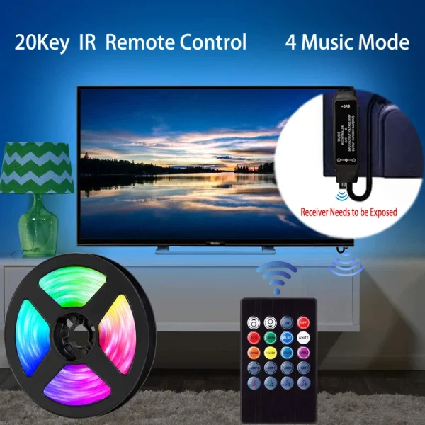 Bande lumineuse LED 2835 5050, Bluetooth, USB, Flexible, 3 touches, capteur sonore, ruban RGB, 1M 2M 3M 4M, décoration TV, rétro-éclairage, DC5V - Image 4