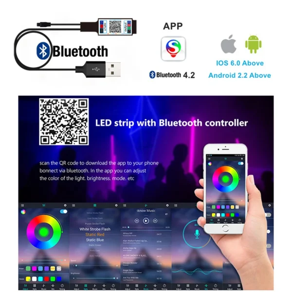 Bande lumineuse LED 2835 5050, Bluetooth, USB, Flexible, 3 touches, capteur sonore, ruban RGB, 1M 2M 3M 4M, décoration TV, rétro-éclairage, DC5V - Image 5