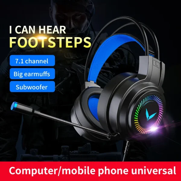 Casque de jeu stéréo virtuel avec micro et lumière LED, écouteur de basse surround, écouteur de sauna pour ordinateur PC Gamer, pliable, G58, G60, 7.1